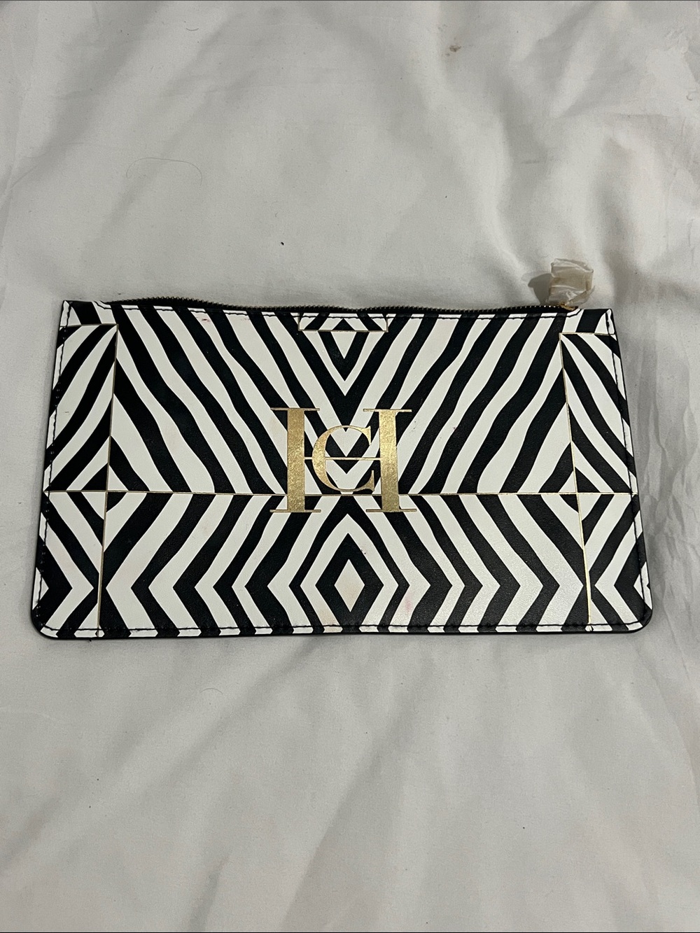 Carolina Herrera Black and White Geometric Clutch with Gold Logo